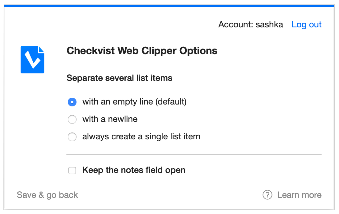 Checkvist Web Clipper options