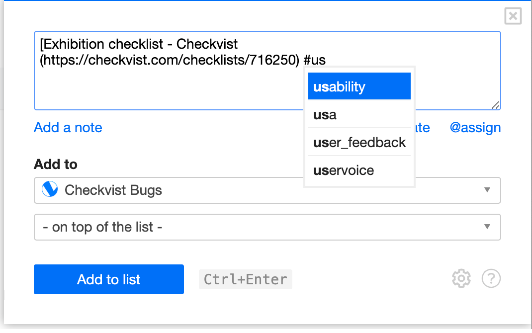 Completion for tags, due dates, and assignees in the Checkvist web clipper